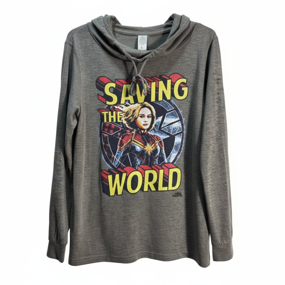 NWOT Marvel Captain Marvel "Saving the World" Graphic Hooded Shirt | Size Large